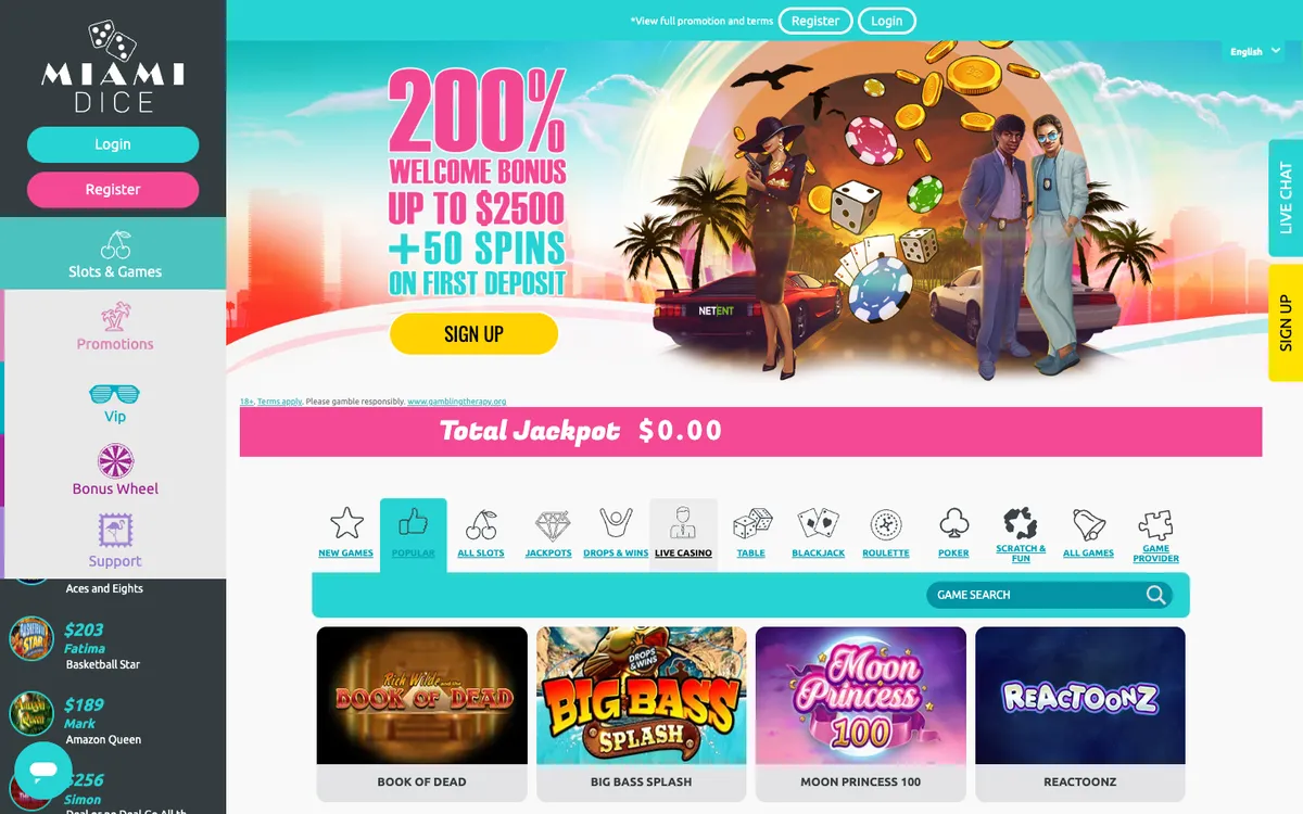 Miami Dice Casino — Home page, captured from Canada