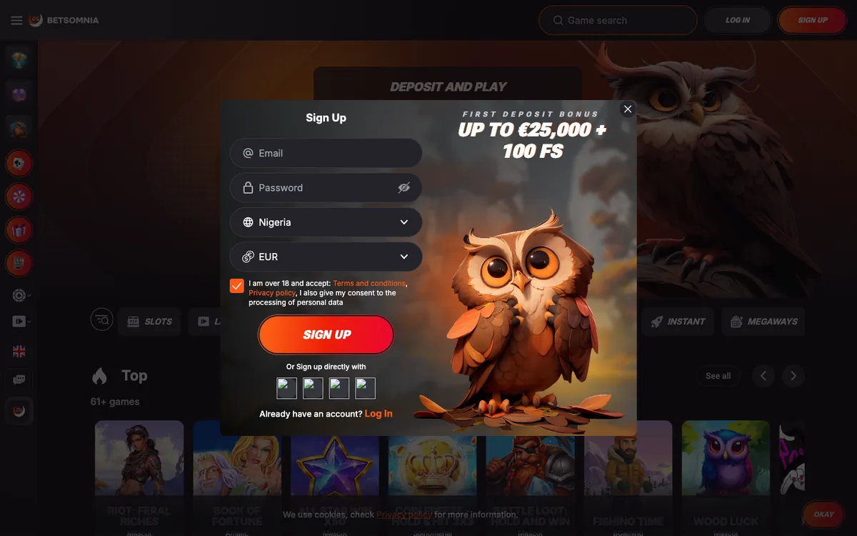 Betsomnia Casino — Sign-up, captured from Nigeria