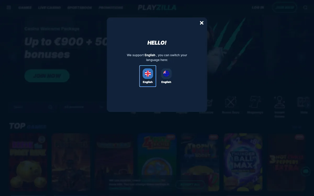 PlayZilla Casino — «Главная», снято из страны Новая Зеландия