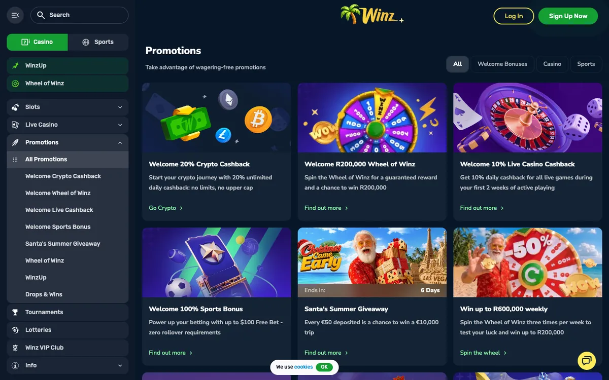 Winz.io Casino — Promotions, captured from South Africa