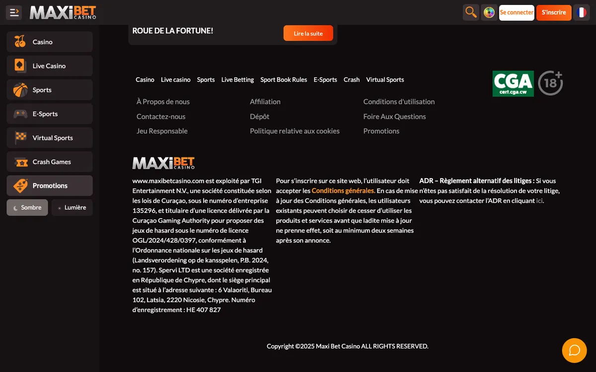 Maxibet Casino — Promotions, captured from France