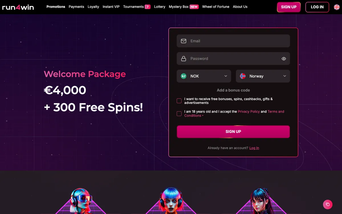 Run4Win Casino — «Акции», снято из страны Норвегия