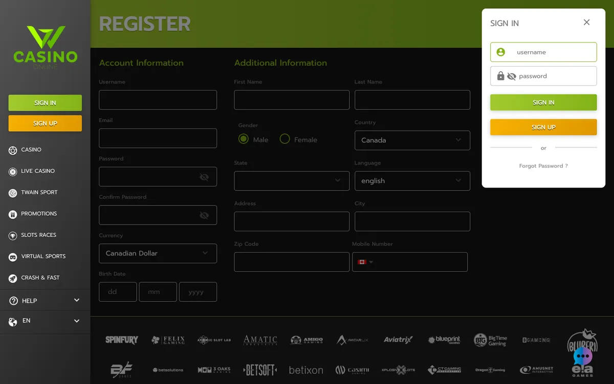 Wcasino Online — Sign-up, captured from Canada