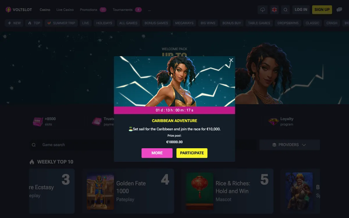 Voltslot Casino — Home page, captured from South Africa