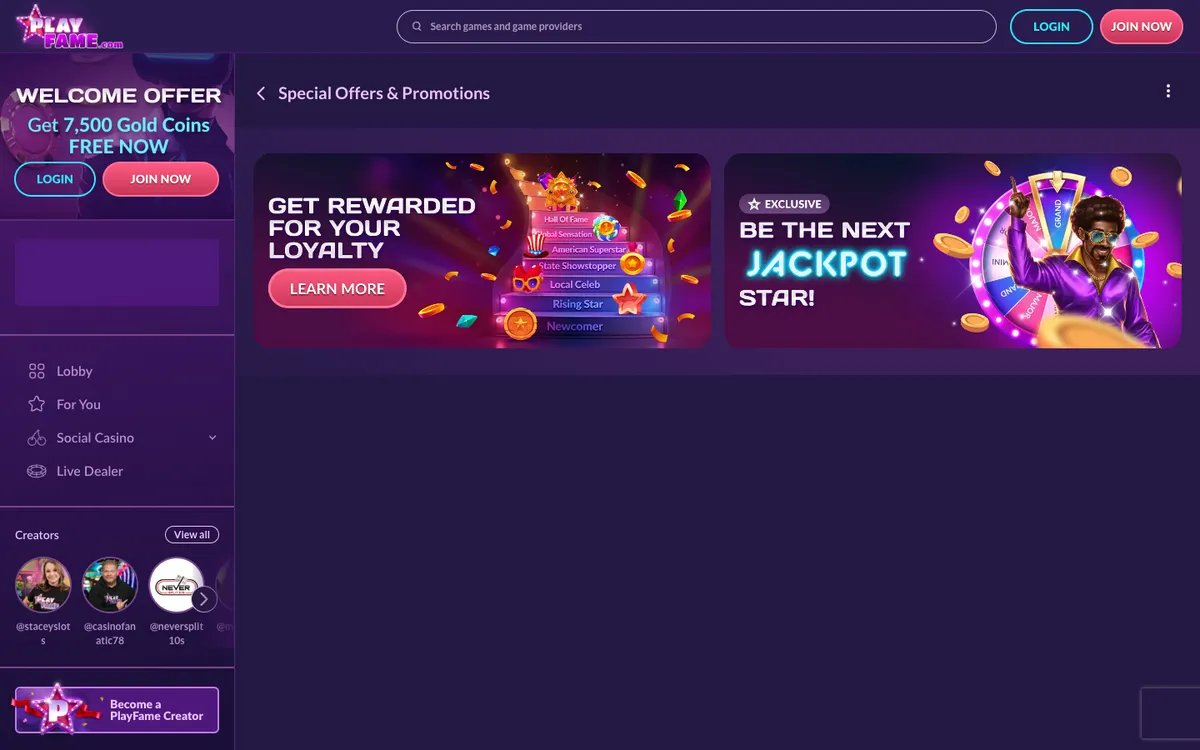 PlayFame Casino — Promotions, captured from United States