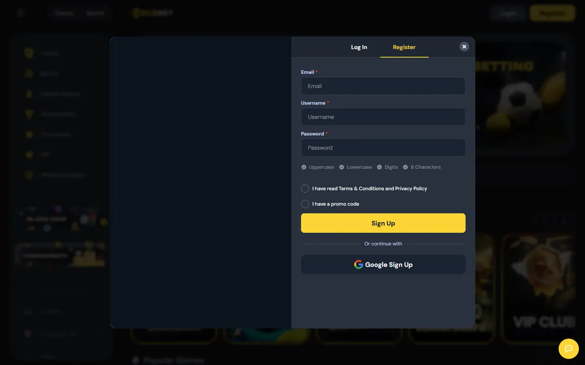 Cocobet Casino — Sign-up, captured from Canada