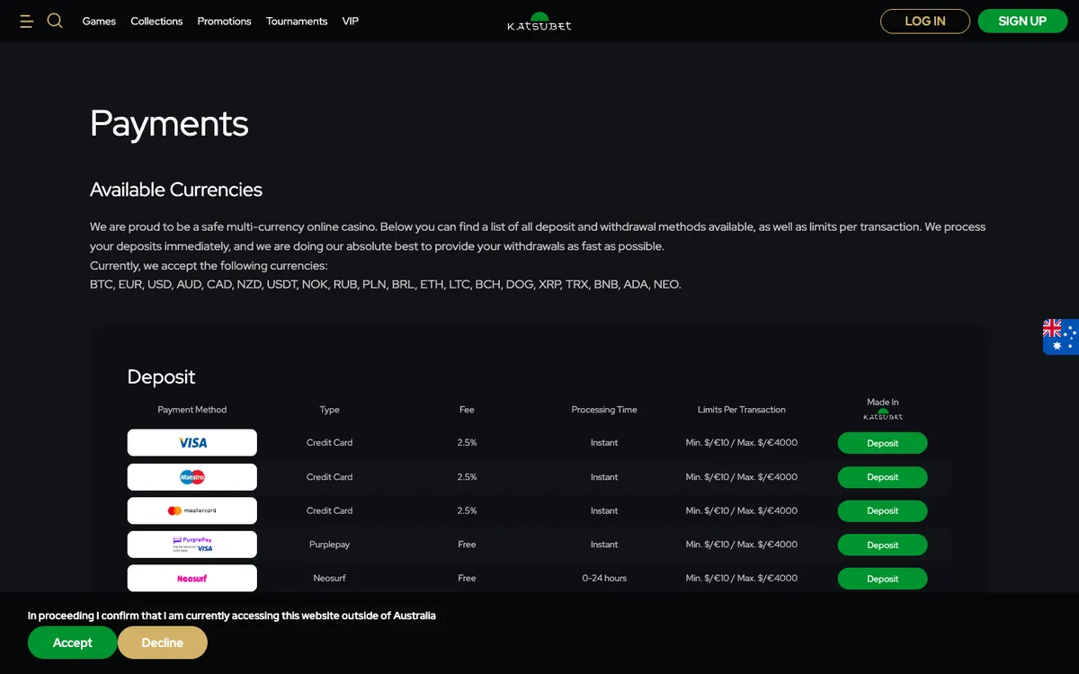 KatsuBet Casino — Payments, captured from Australia