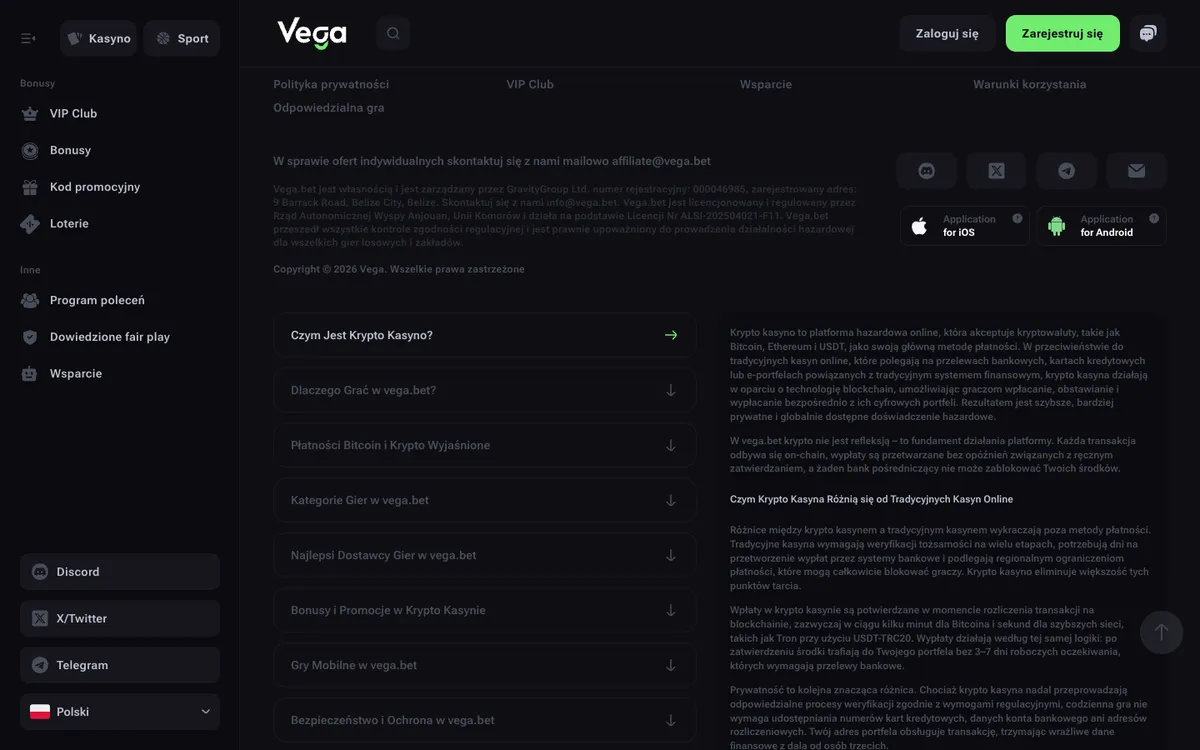 Vega.bet Casino — Promotions, captured from Poland
