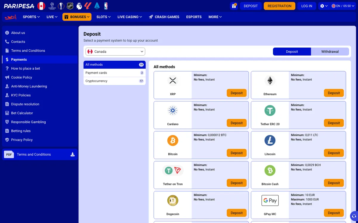 Paripesa Casino — Payments, captured from Canada