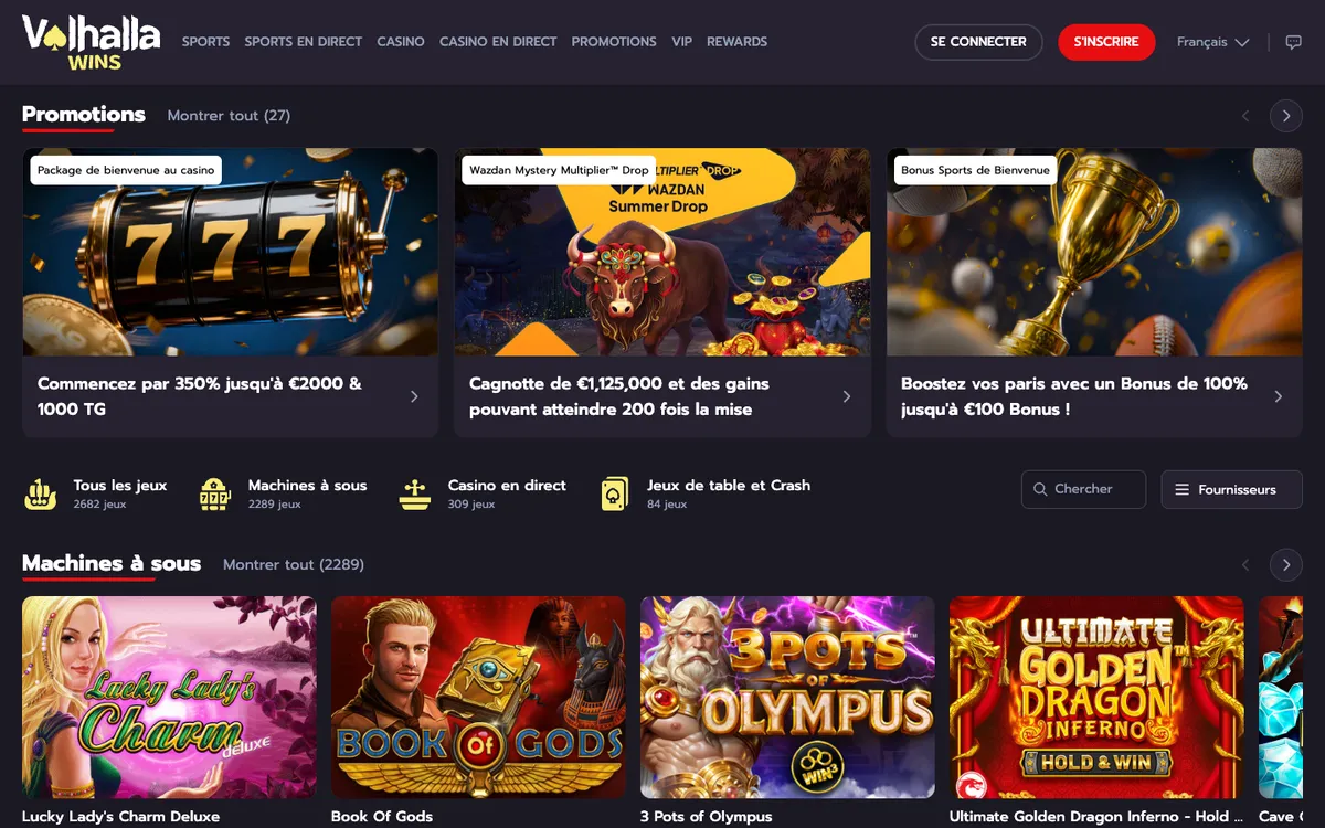 Valhalla Wins Casino — Home page, captured from France