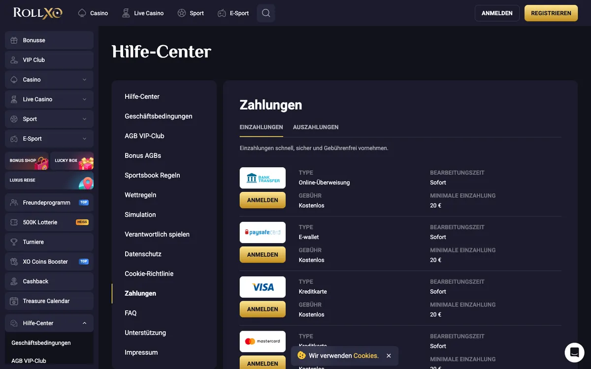 RollXO Casino — Payments, captured from Austria