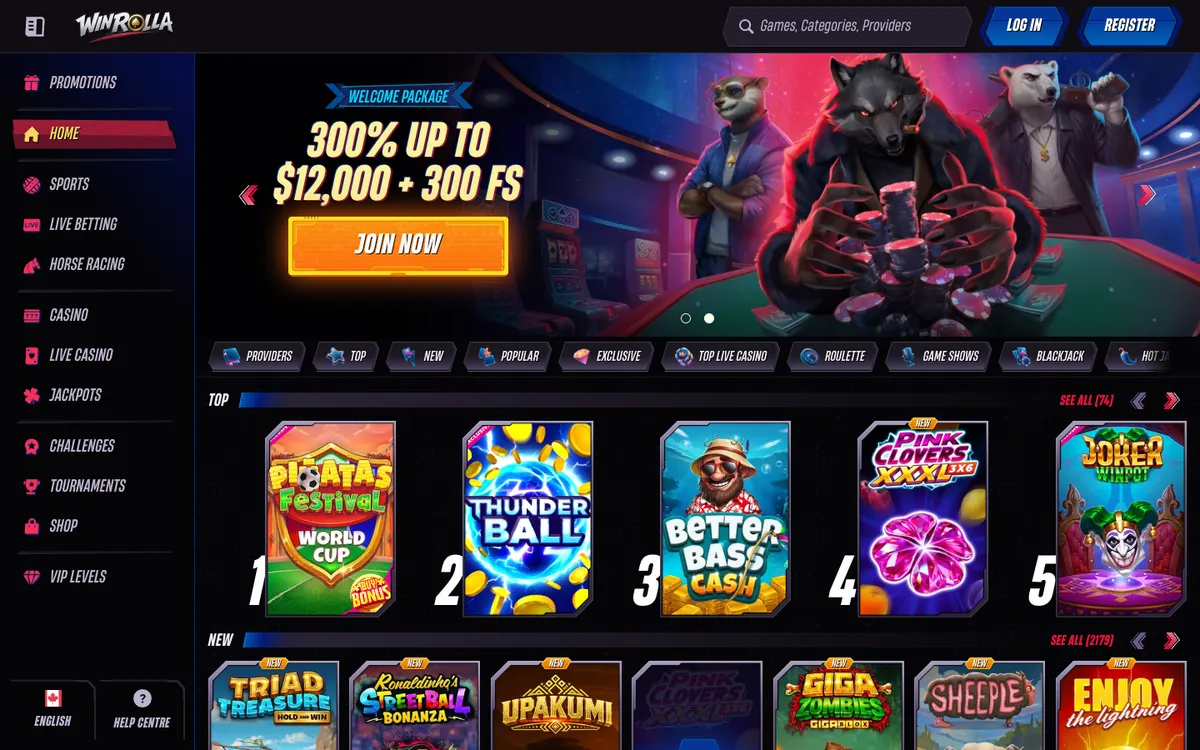 Win Rolla Casino — Home page, captured from Canada