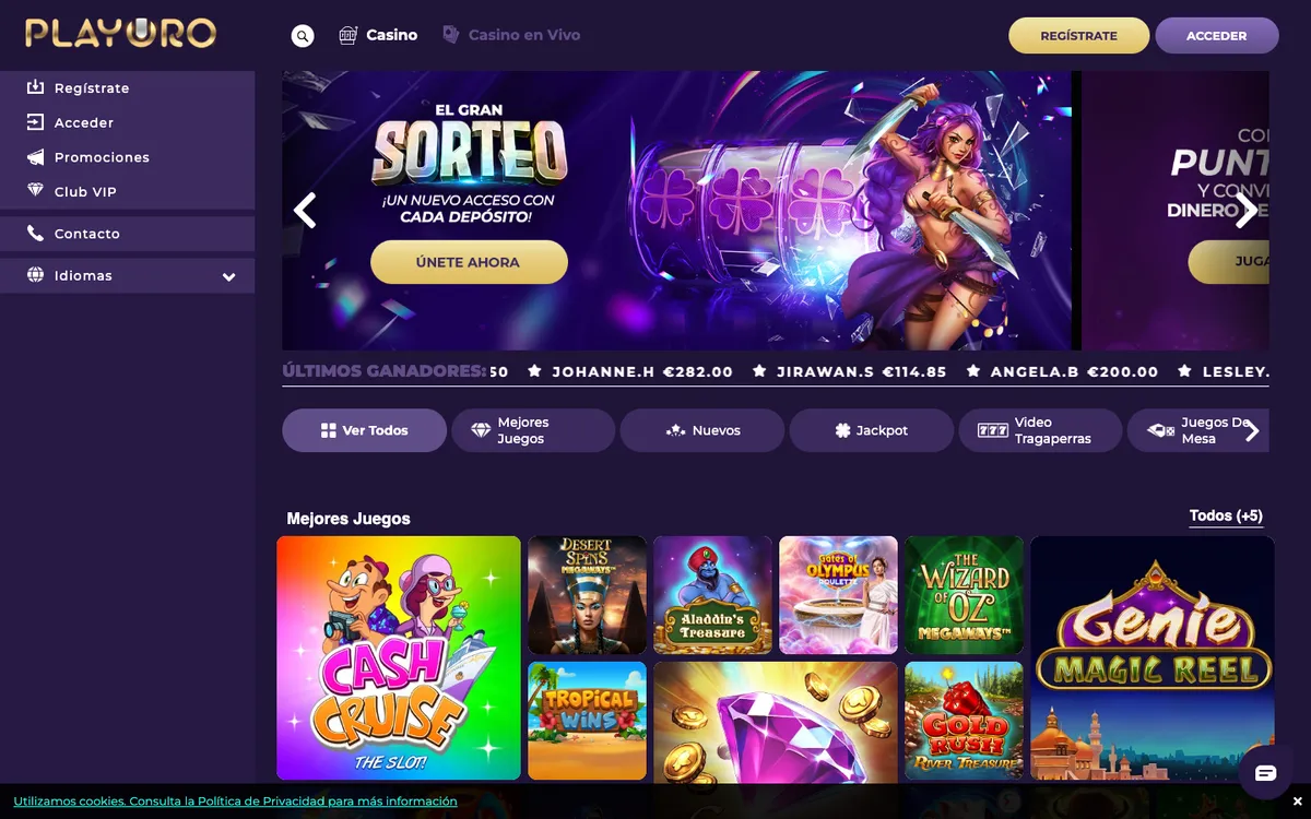 Playoro Casino — Home page, captured from Spain