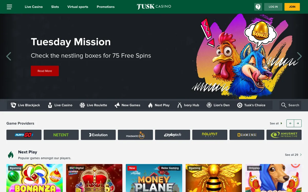 Tusk Casino — Home page, captured from Austria