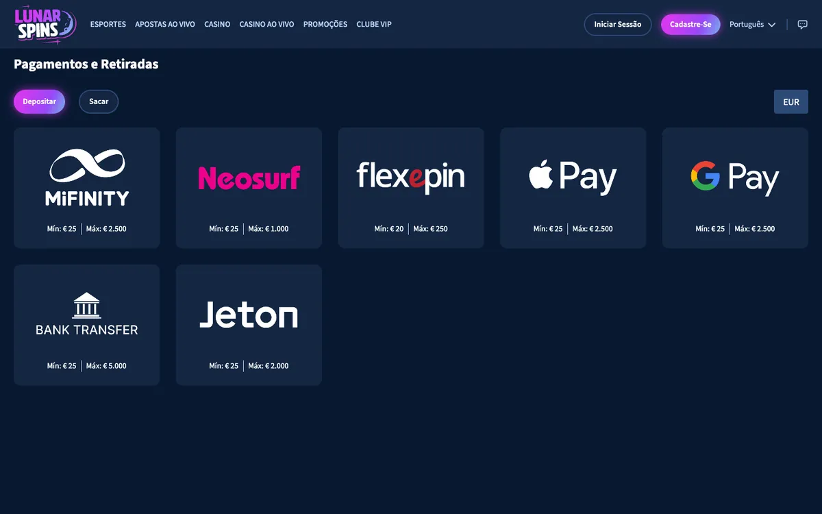 Lunarspins Casino — Payments, captured from Brazil