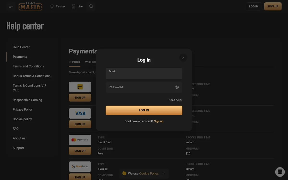 Slot Mafia Casino — Sign-up, captured from Canada