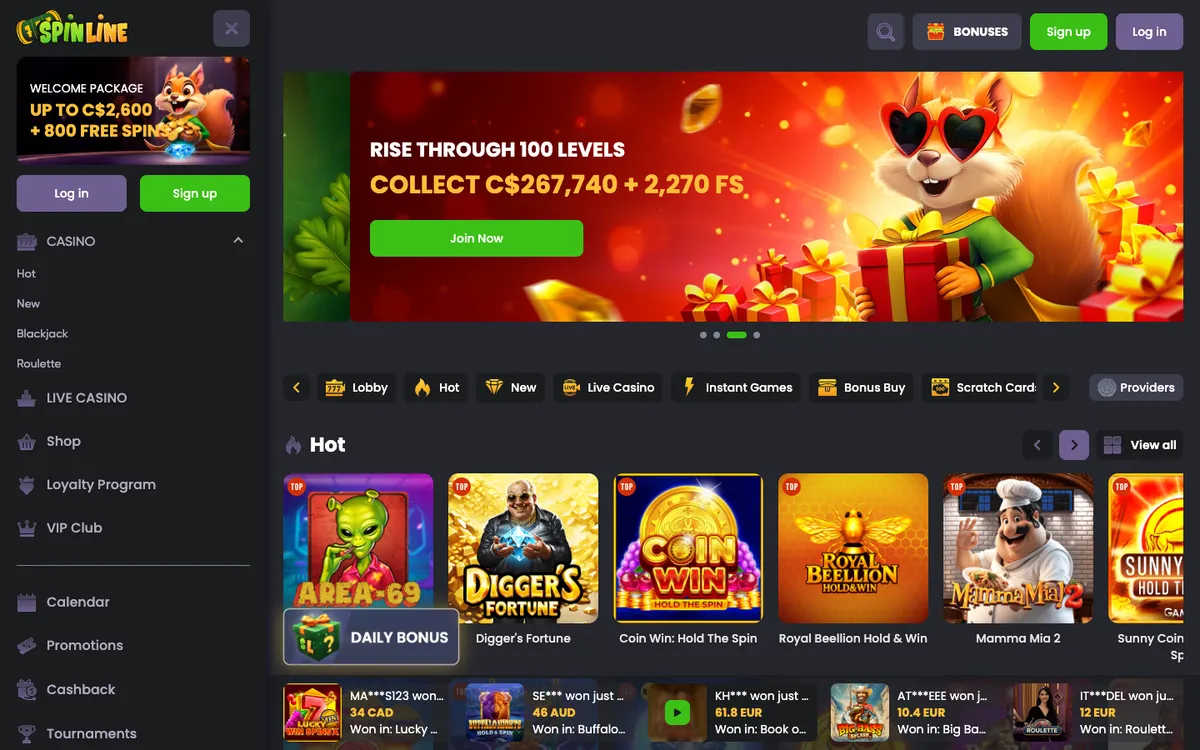 Spinline Casino — Home page, captured from Canada