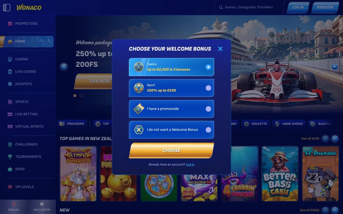 Wonaco Casino — «Регистрация», снято из страны Новая Зеландия
