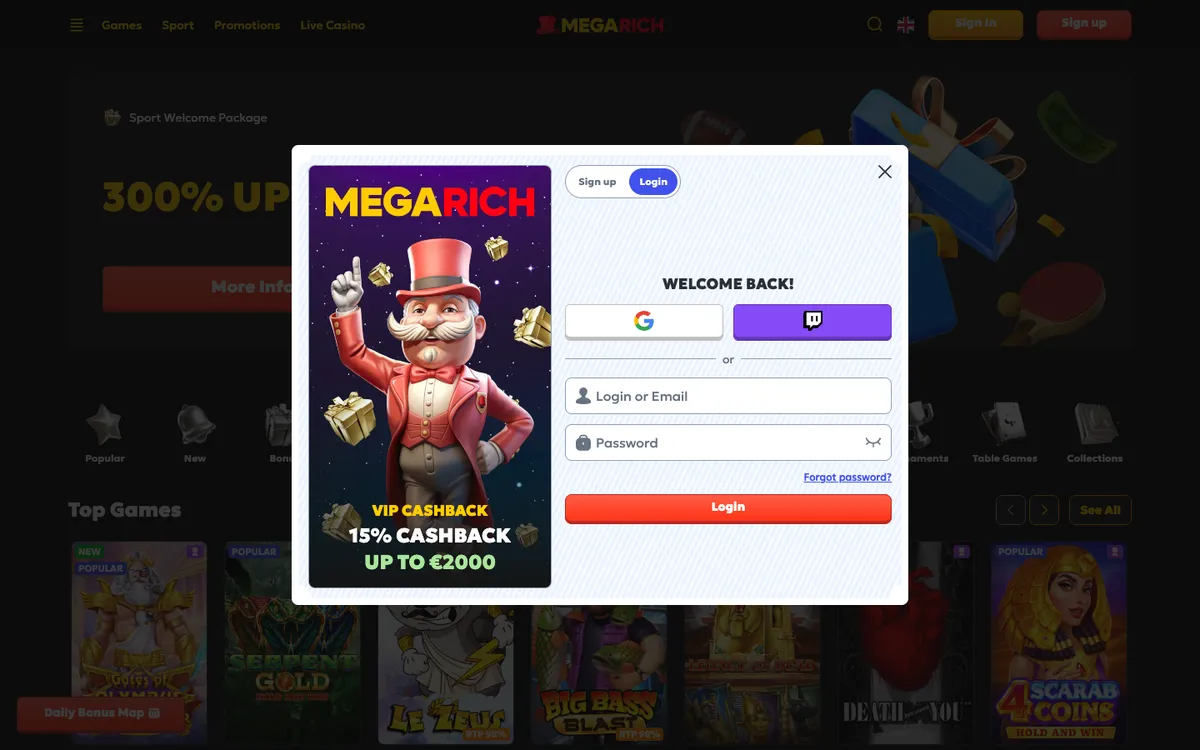 Megarich Casino — Sign-up, captured from Norway