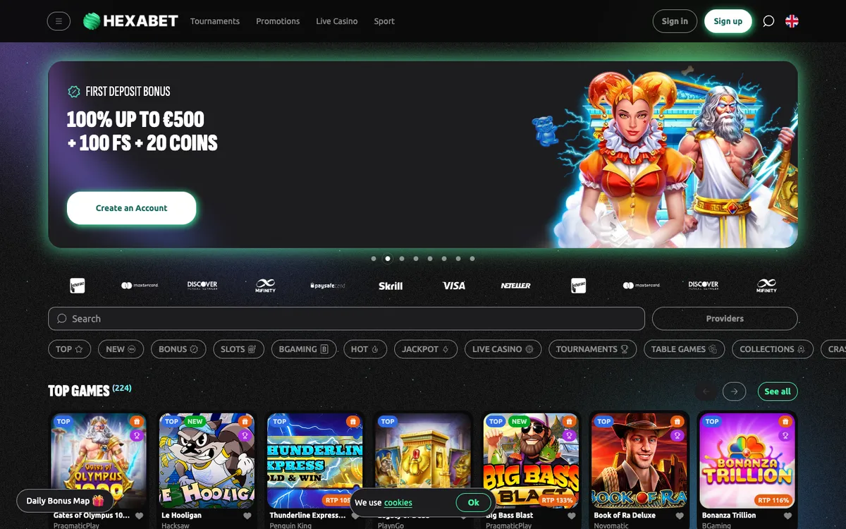 Hexabet Casino — Home page, captured from Norway