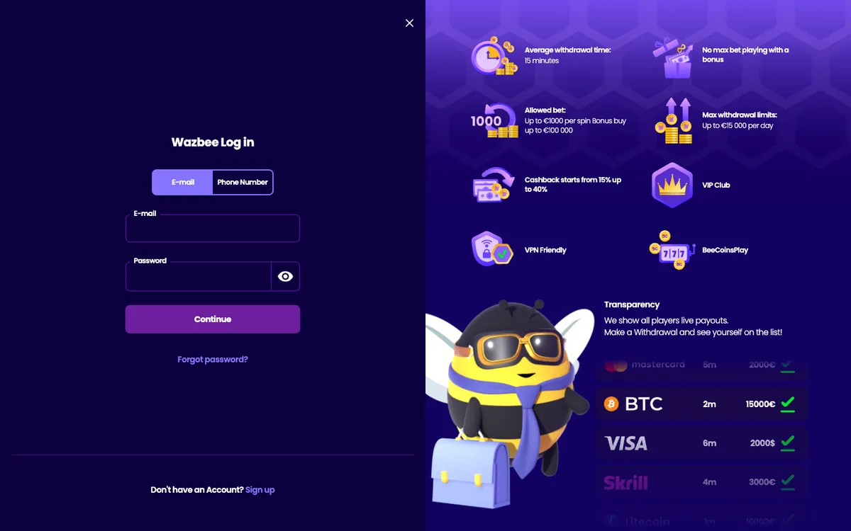 Wazbee Casino — «Регистрация», снято из страны Норвегия