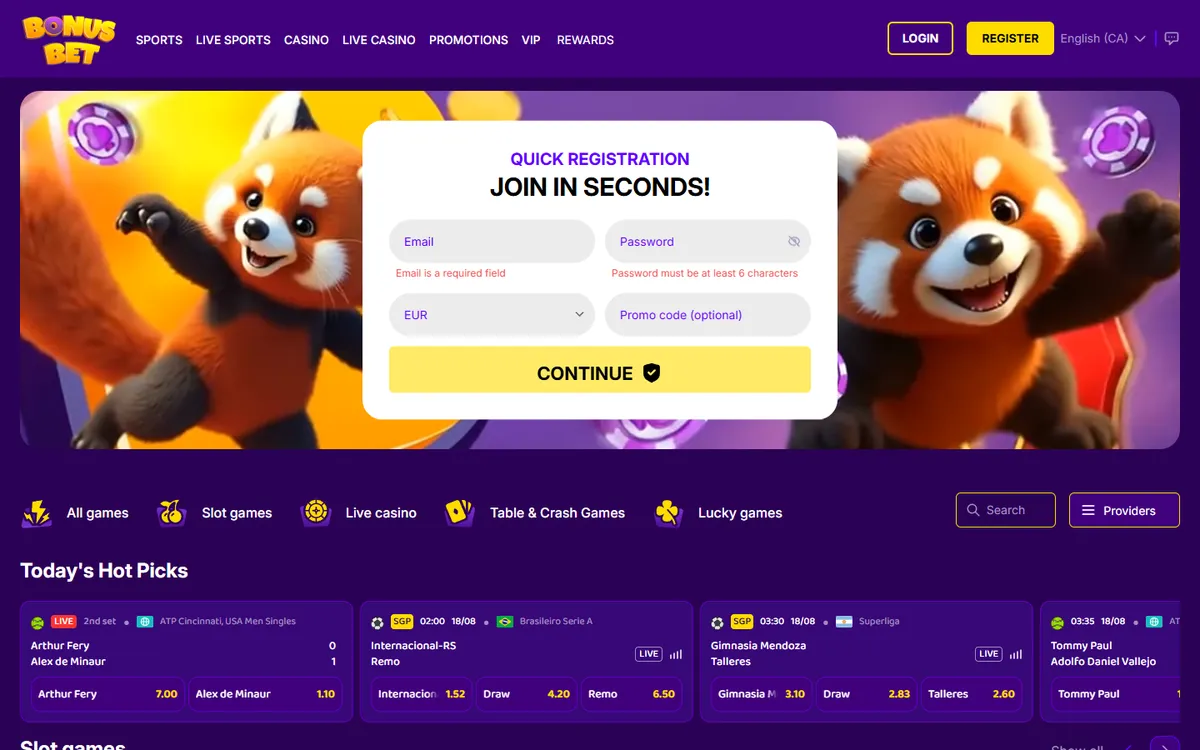 BonusBet Casino — Home page, captured from Canada