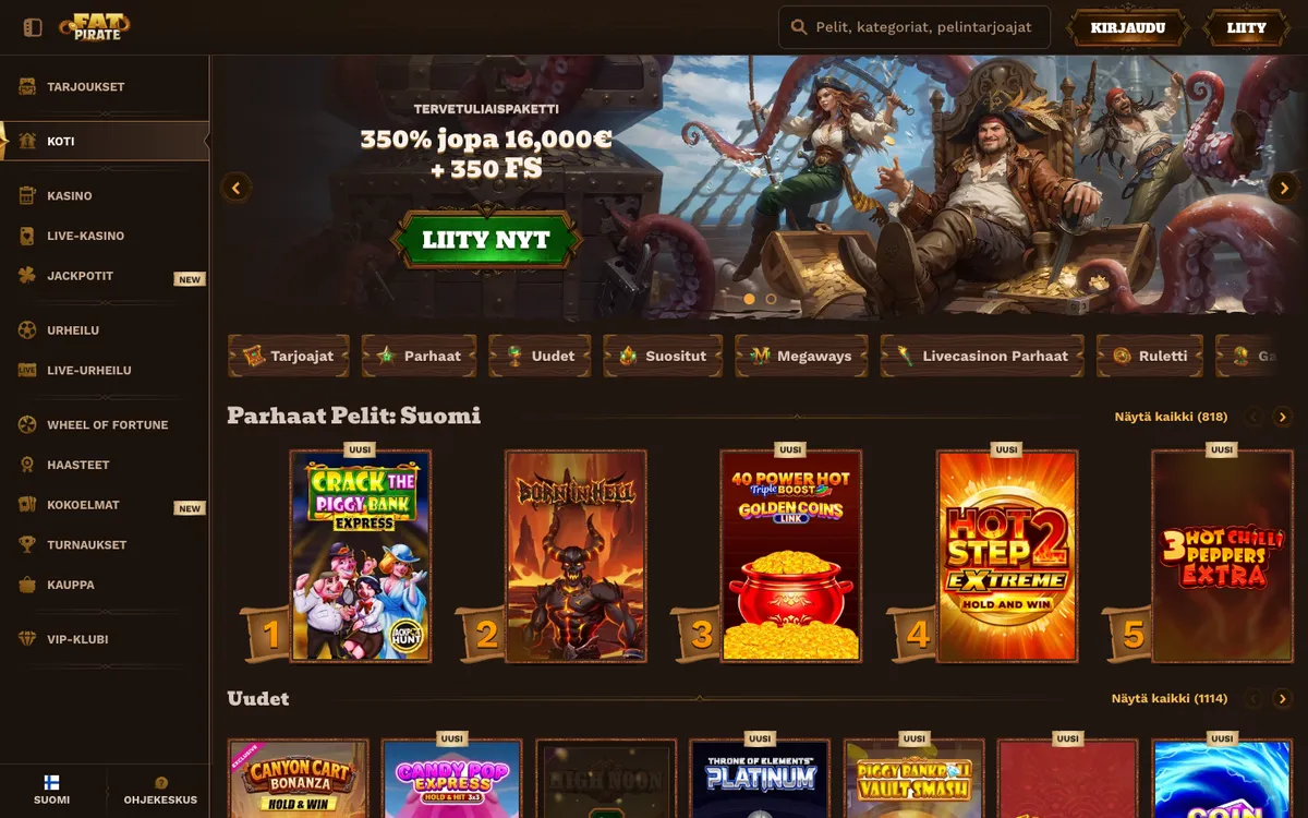 FatPirate Casino — Home page, captured from Finland