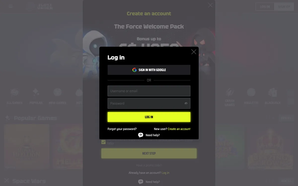 SlotsVader Casino — «Регистрация», снято из страны Канада