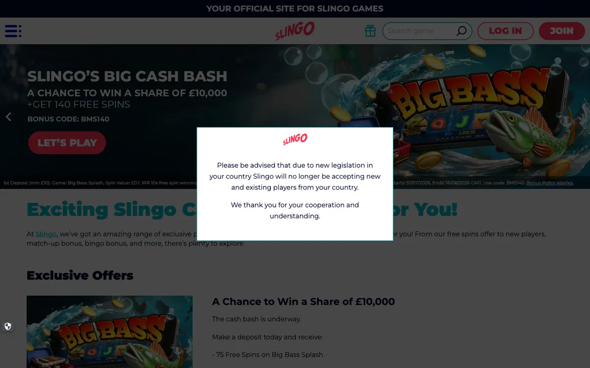 Slingo Casino — Promotions, captured from Australia