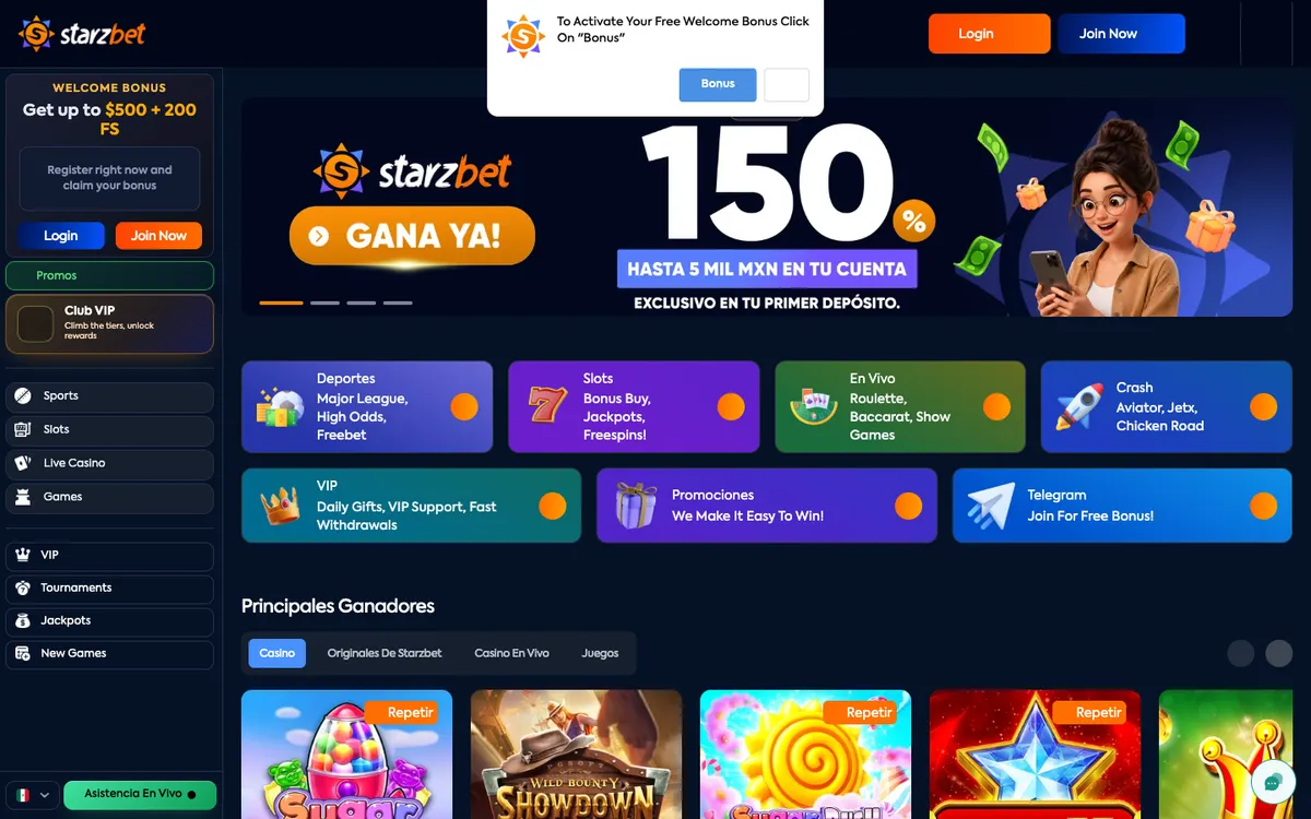 Starzbet Casino — Home page, captured from Mexico