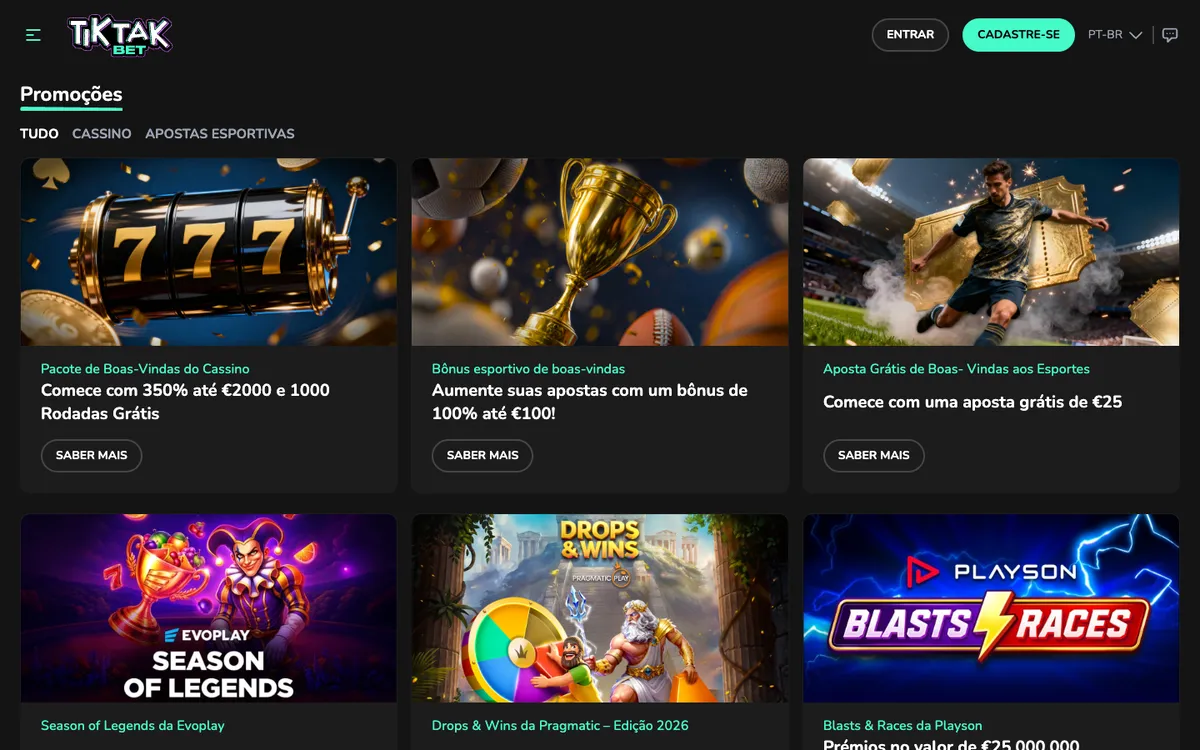 TikTak Bet Casino — Promotions, captured from Brazil