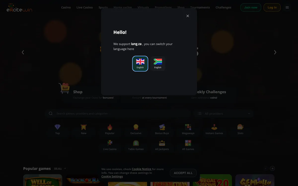Excitewin Casino — «Главная», снято из страны Южно-Африканская Республика