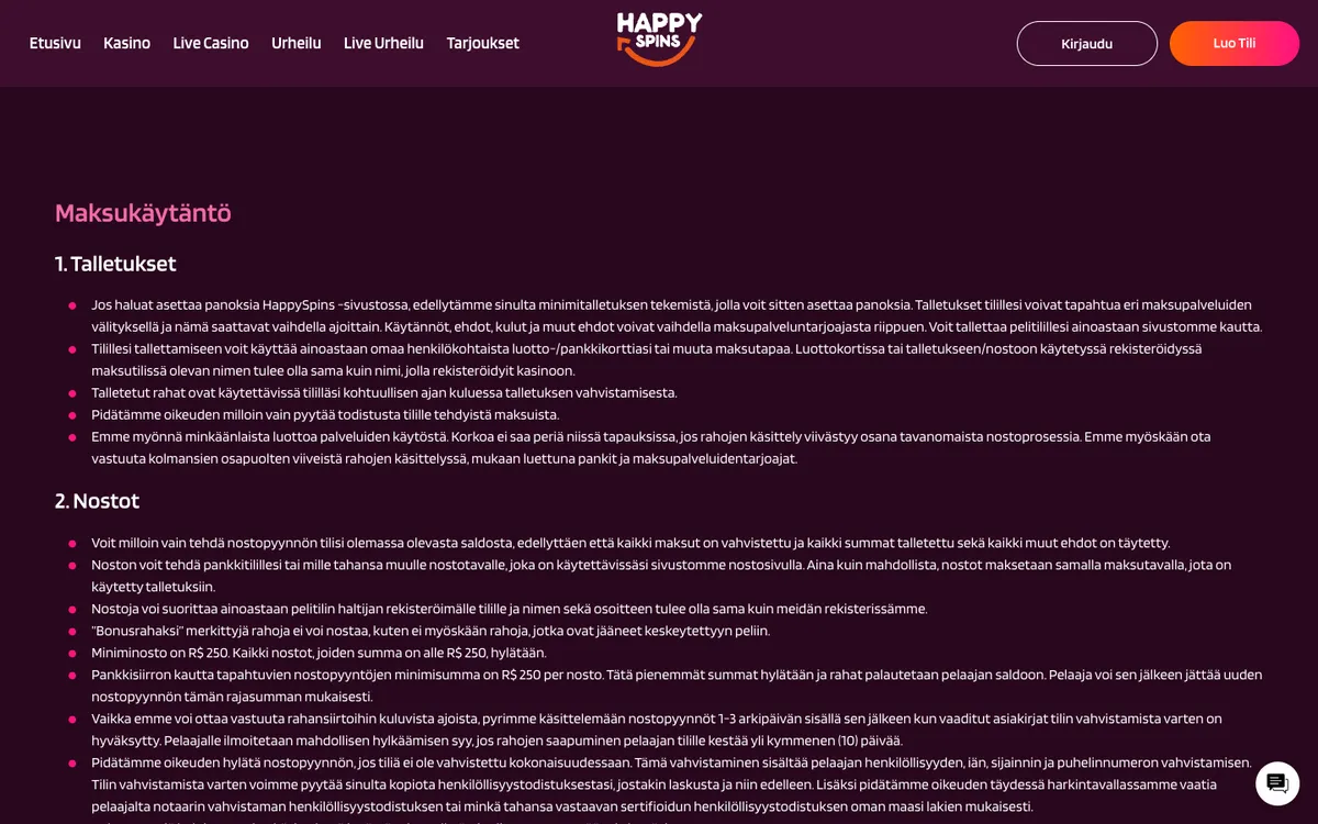 HappySpins Casino — «Платежи», снято из страны Финляндия
