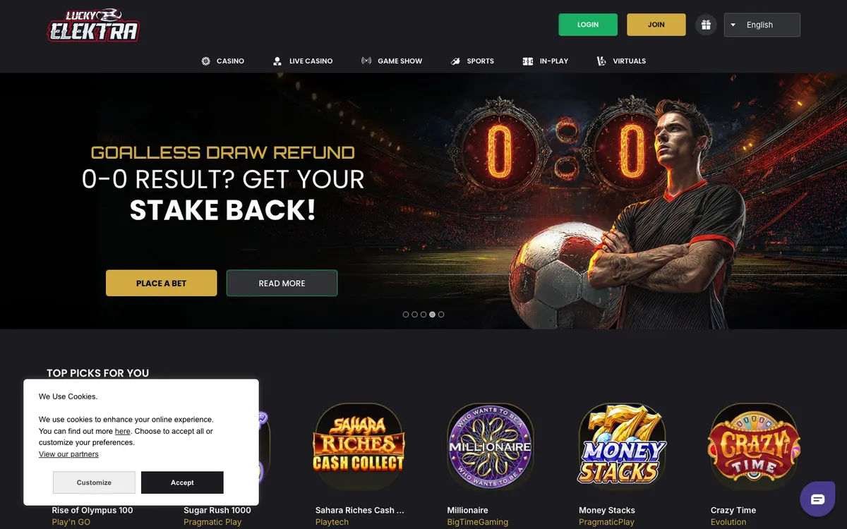 LuckyElektra Casino — Home page, captured from Hungary