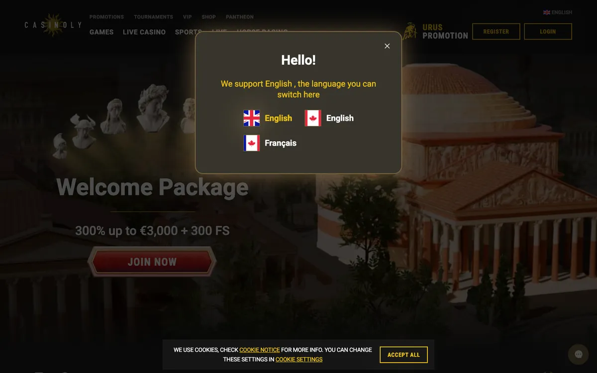 Casinoly Casino — Home page, captured from Canada