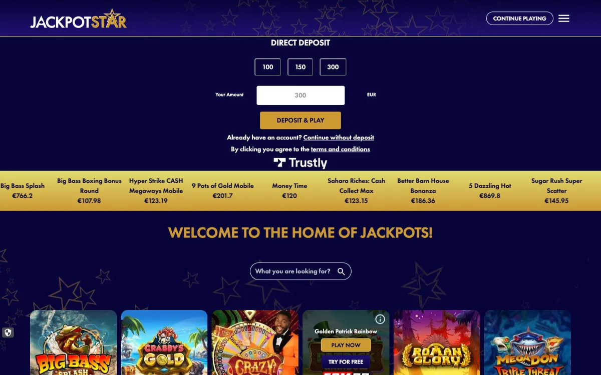 Jackpot Star Casino — Home page, captured from Finland