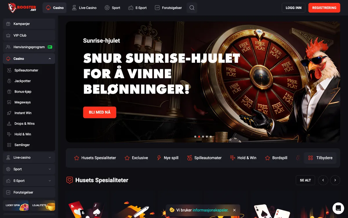 Rooster Bet Casino — «Главная», снято из страны Норвегия