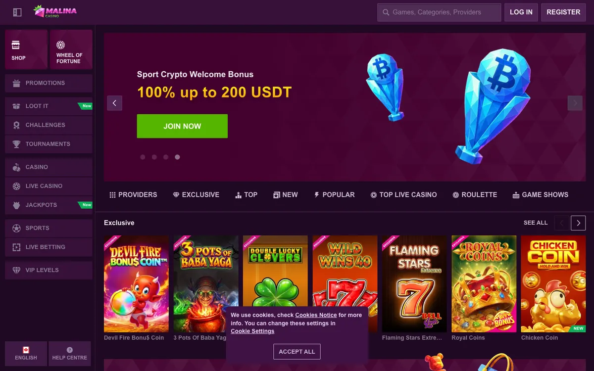 MalinaCasino — Home page, captured from Canada