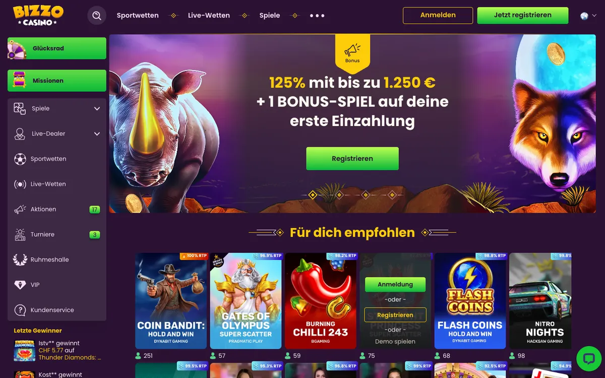 Bizzo Casino — Home page, captured from Switzerland