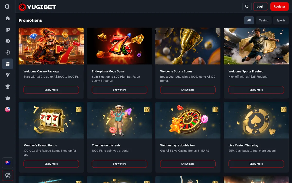 Yugibet Casino — «Акции», снято из страны Австралия