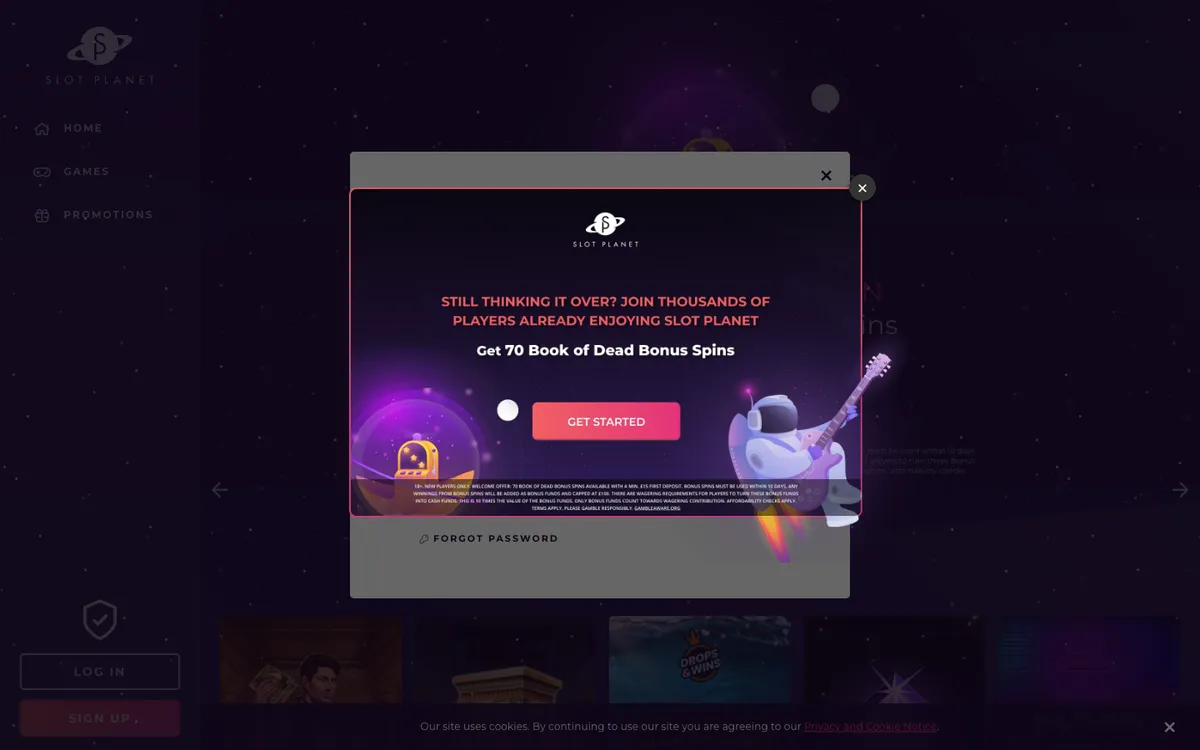 Slot Planet Casino — «Регистрация», снято из страны Великобритания