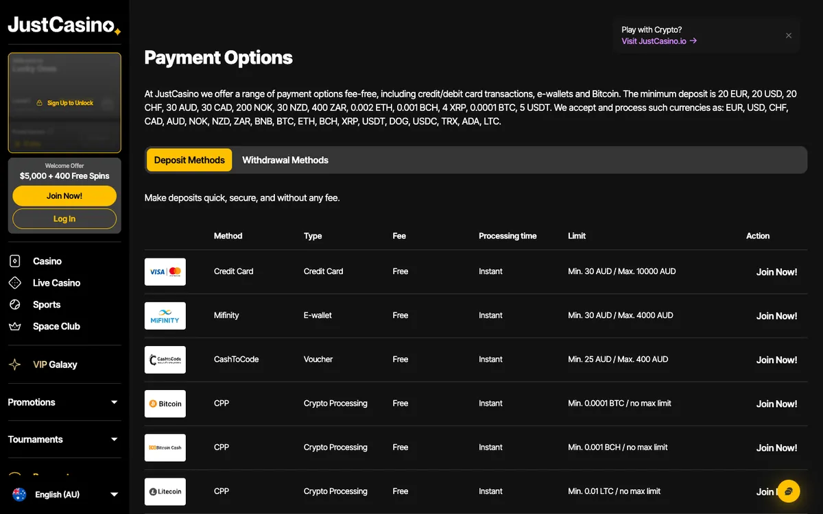 JustCasino — «Платежи», снято из страны Австралия