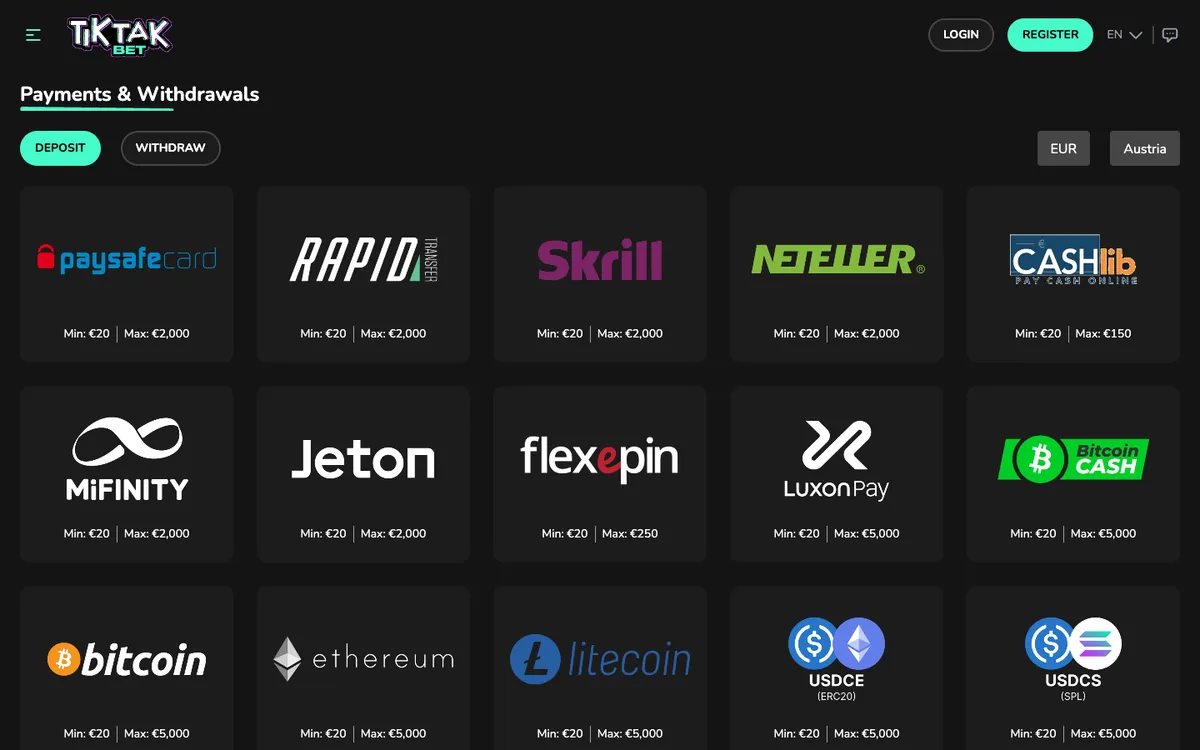 TikTak Bet Casino — Payments, captured from Austria