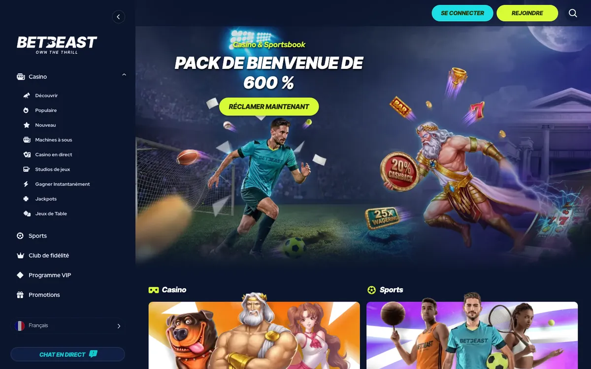 BetBeast Casino — Home page, captured from France