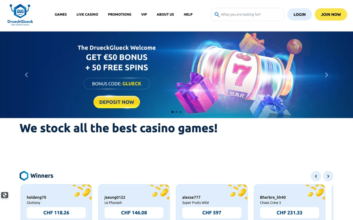 DrueckGlueck Casino — Home page, captured from Switzerland