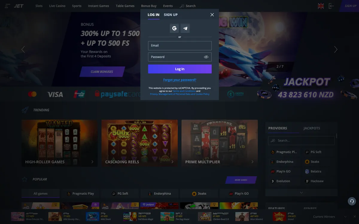 Jet Casino — «Регистрация», снято из страны Новая Зеландия