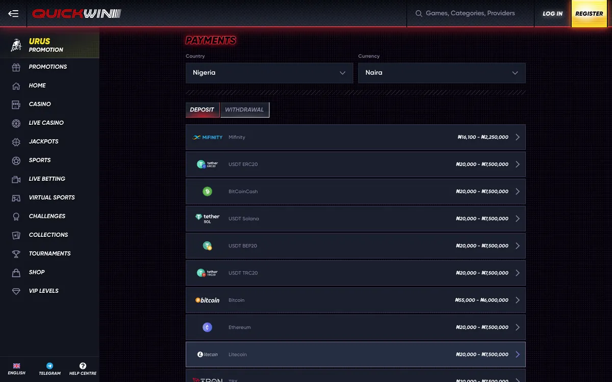 QuickWin Casino — Payments, captured from Nigeria