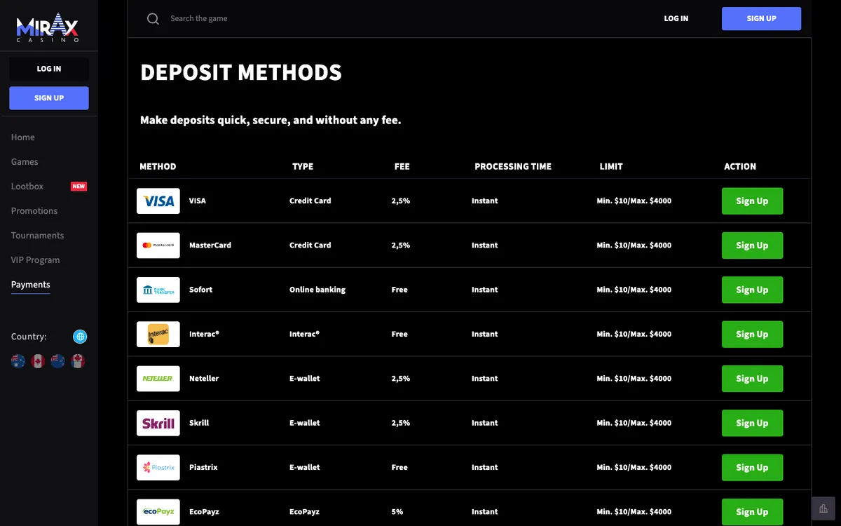 Mirax Casino — Payments, captured from Austria