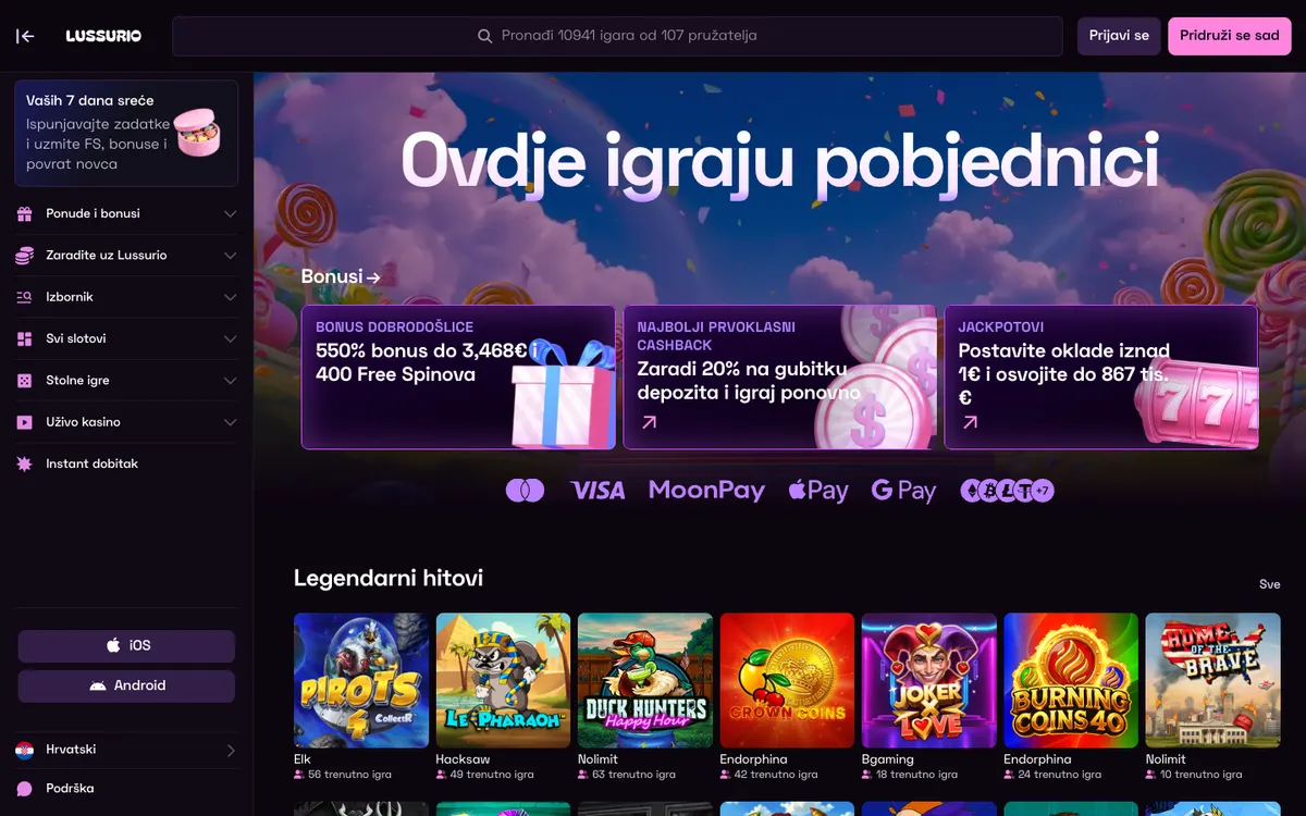Lussurio Casino — Home page, captured from Croatia