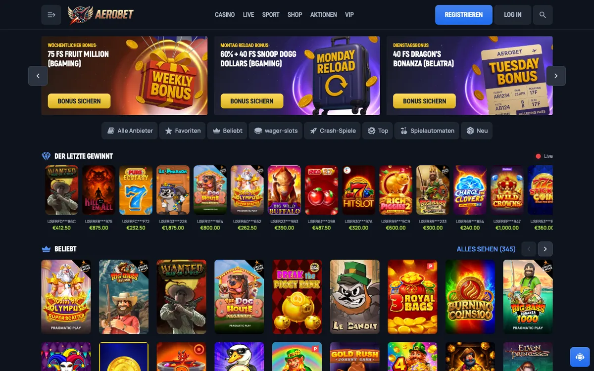 Aerobet Casino — Home page, captured from Switzerland